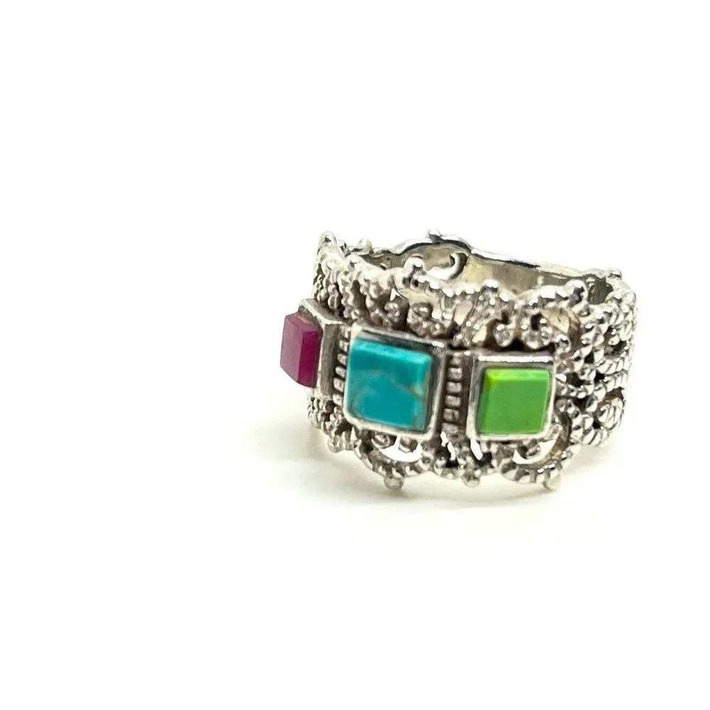 STERLING SILVER RING Multi Stone Inlay Wide Band Statement Boho Sz 8